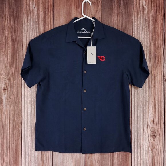 NWT Tommy Bahama Dayton Flyers Mens Large Silk Floral Hawaiian Shirt Navy Blue - Picture 1 of 14